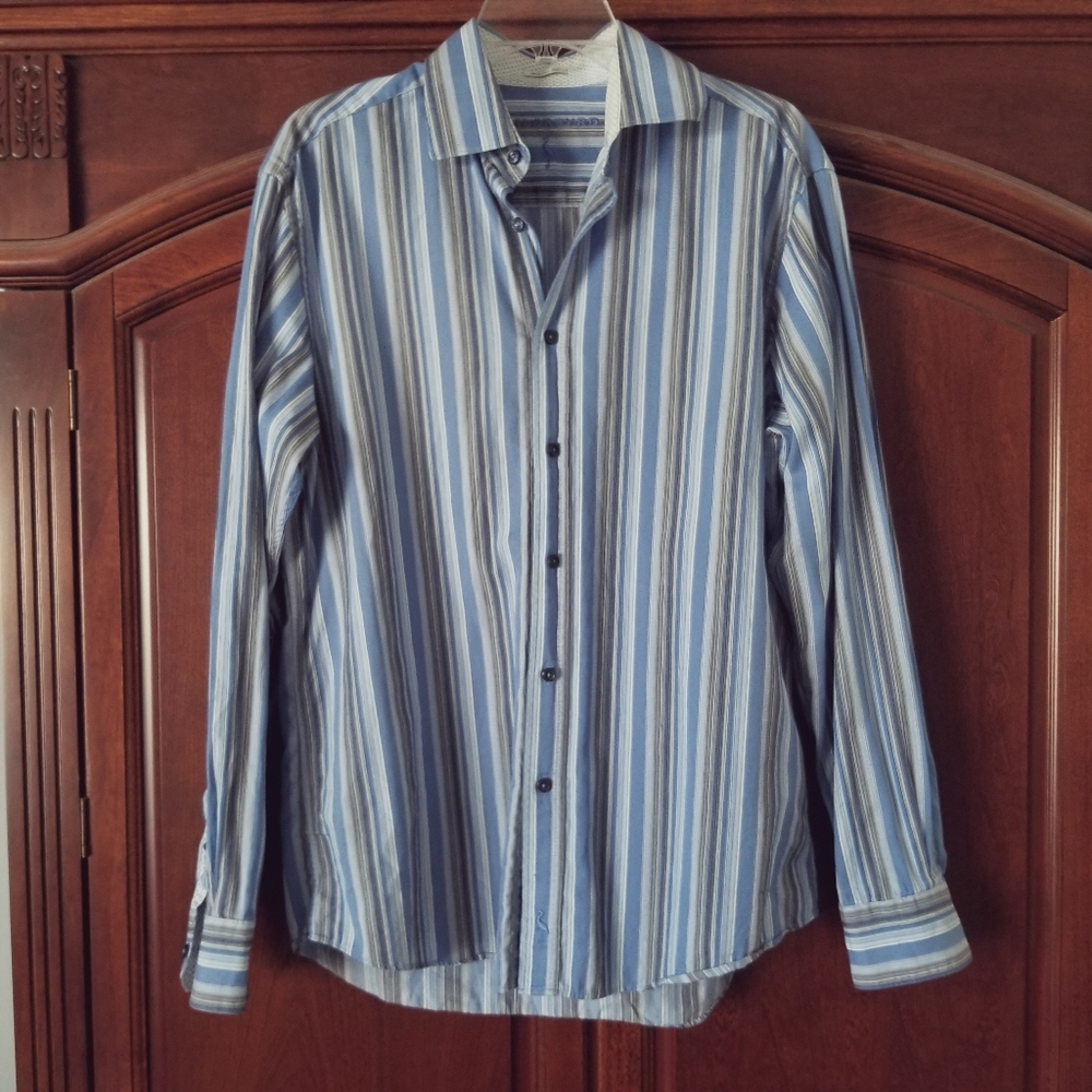 Tailorbyrd Shaped Fit Blue Striped Button Up Shirt Size L